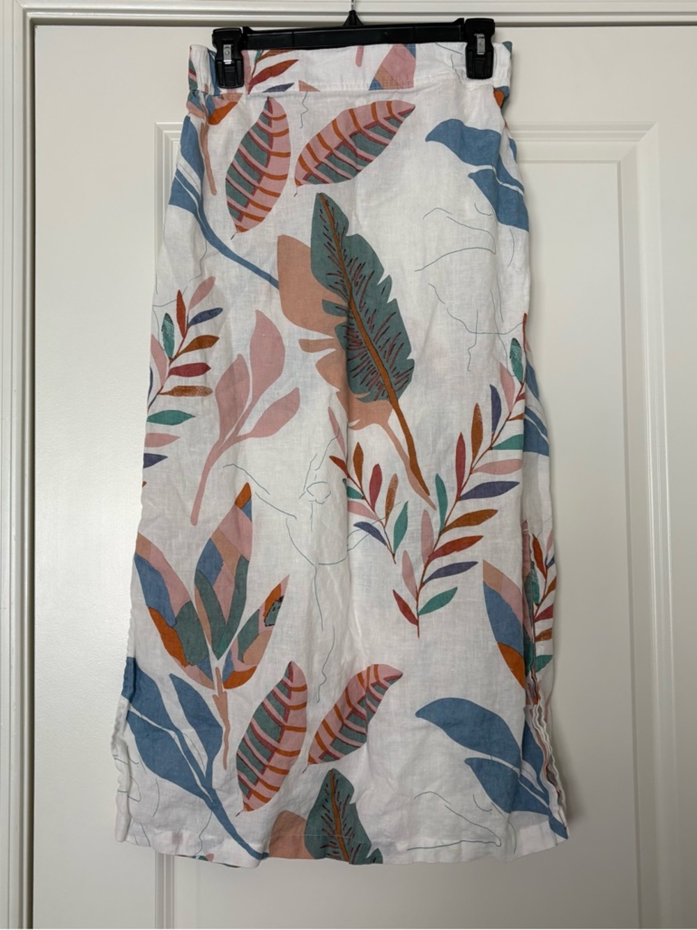 White Floral Linen Blend Midi Skirt with Blue and Coral Leaves